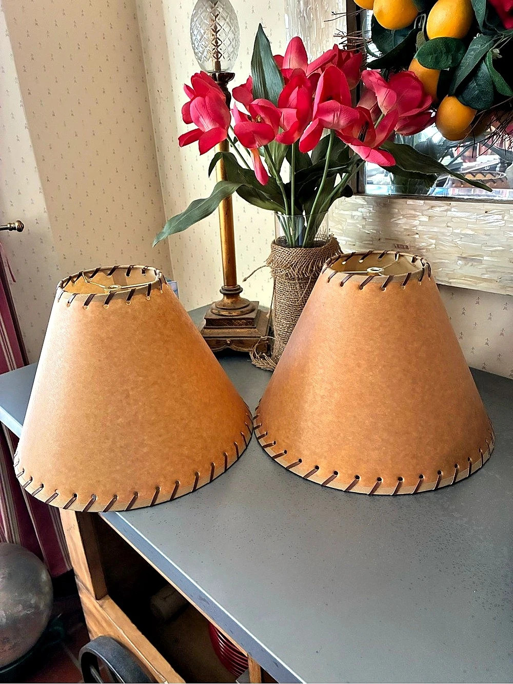 2 Rustic oiled Kraft Parchment Empire lamp shades TAN color. 2 sold as 1 set.